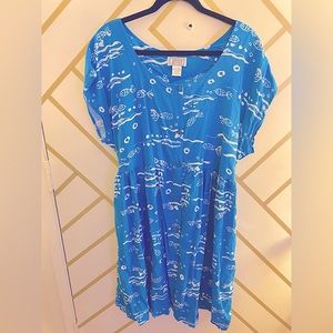 Blue Fish Summer Dress With Buttons and Tie
